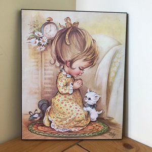 Girl Praying with Kitten Art Print by Coby Vintage Rokan Kanmount Wood Plaque